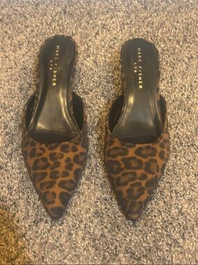 Marc Fisher Leopard-Print Pointed-Toe Slip-On Mules in Brown and Black